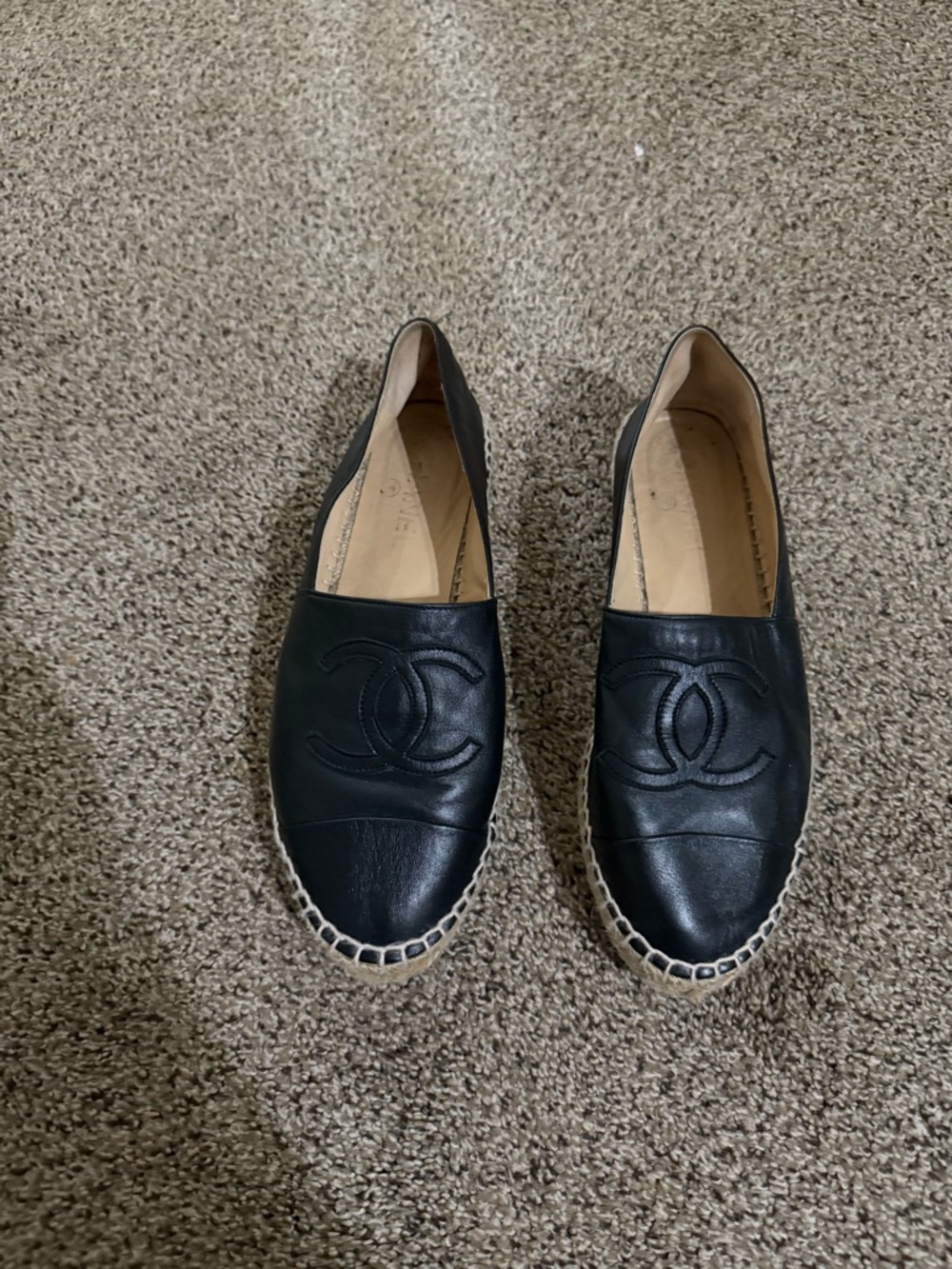 CHANEL Black Leather Espadrille Slip-On Flats